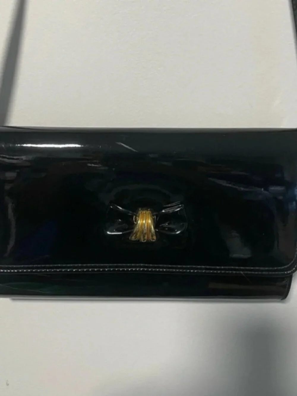 Rafy Black Patent Leather Crossbody Bag with  Gold Bow Detail